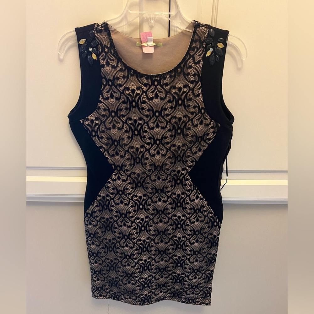 Gianni Bini Black and Tan Sleeveless Bodycon Mini Dress